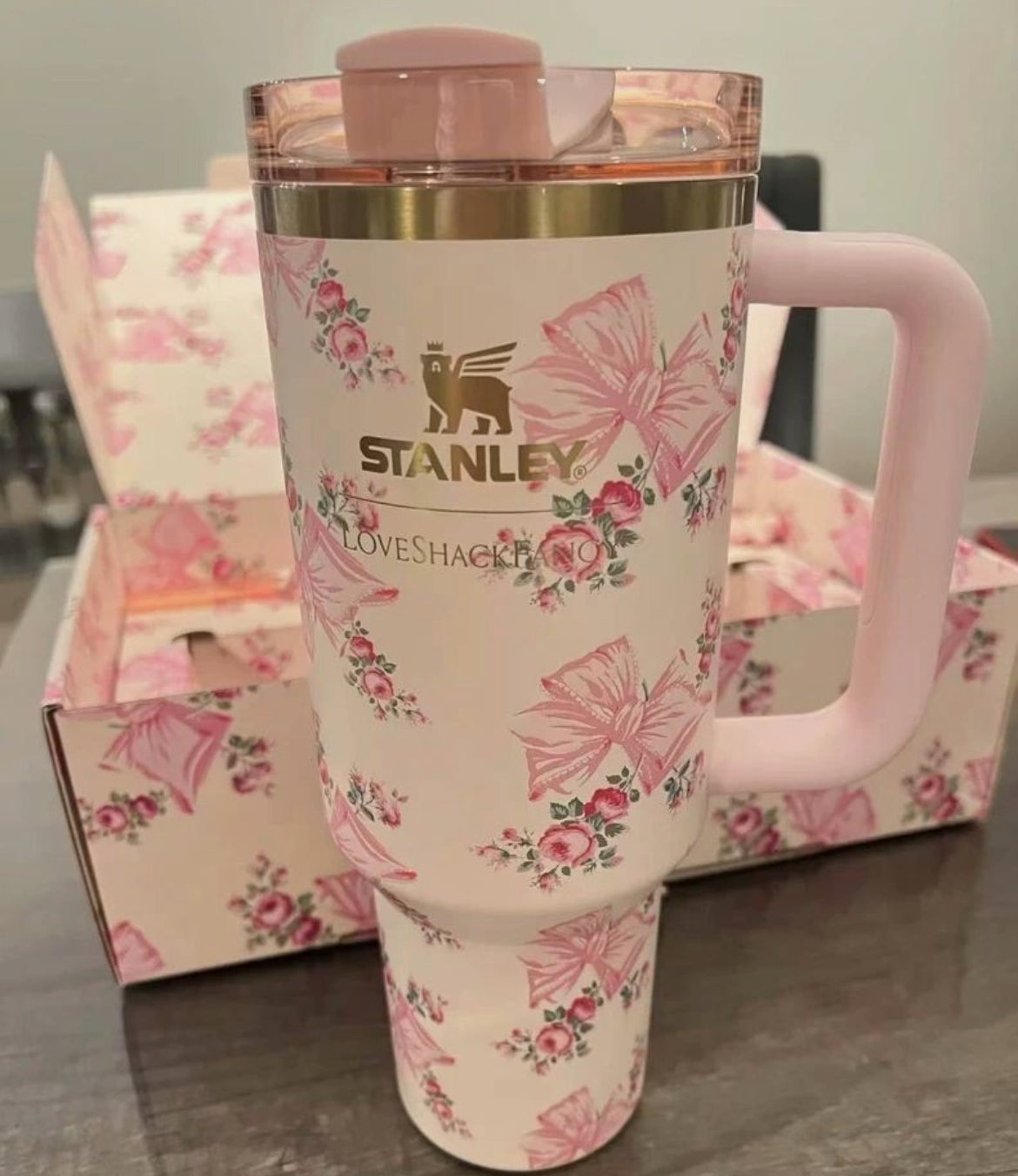 The Stanley x Love Shack Fancy Quencher H2.0 Tumbler Pink 40 OZ in Box